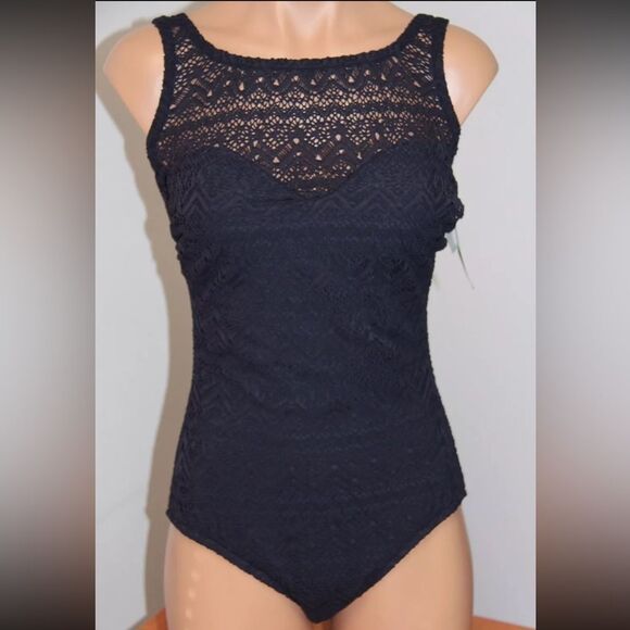 INC International Concepts Black Lace One Piece Swimsuit - Picture 1 of 4